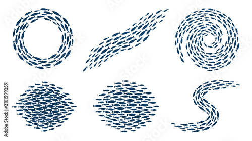 Set of fish schools, shoals of fish swimming in different shapes