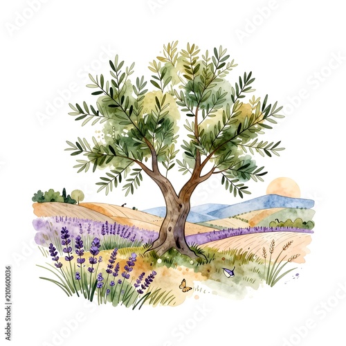 Hand-drawn lavender field with tree illustration. Watercolor botanical landscape art for branding and decor.