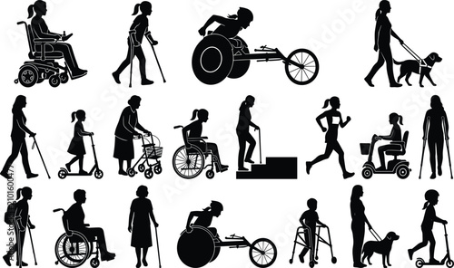 People with disabilities vector silhouettes set showing accessibility mobility aids and para sports