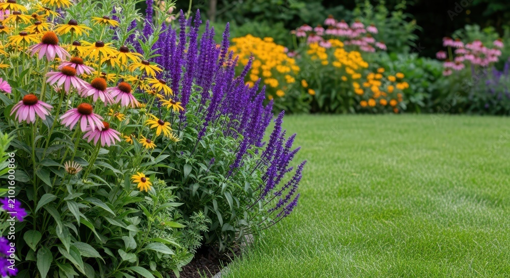 Obraz premium A vibrant flowerbed borders a lush green lawn in a peaceful backyard garden, featuring blooming perennials under soft summer sunlight, border, natural, backyard