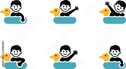 фотографія Cute little cartoon children characters enjoying summer swim playtime in colorfu