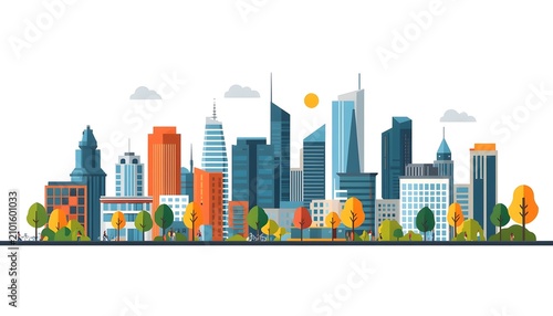 Modern city skyline with diverse skyscrapers and urban parks. Flat vector illustration of a vibrant metropolitan landscape for business and develop...
