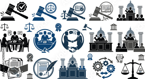 Fotografía Legal and Dispute Resolution Icon Collection Featuring Court Proceedings Contrac