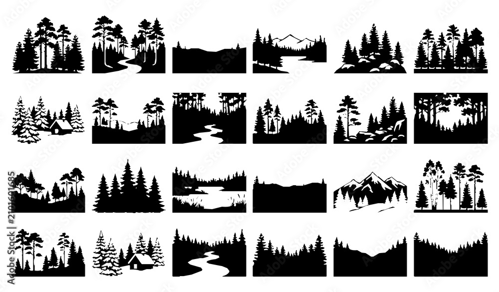 Fototapeta premium Forest silhouette scene vector collection with evergreen woodland and mountain tree landscapes