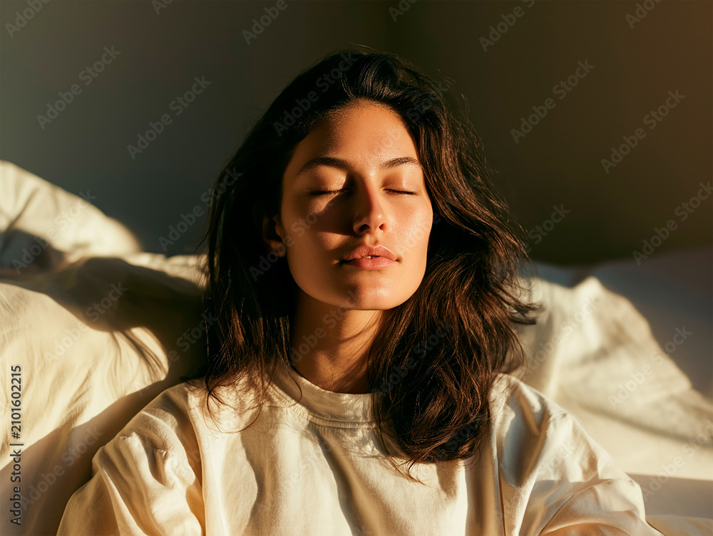 Obraz premium Beautiful young woman with closed eyes relaxing in warm natural morning light at home. Wellness, mindfulness, mental health and self care concept.