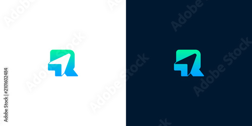 Modern minimalist logo design representing a stylized letter 'R' with an arrow icon, suitable for technology, business, or navigation brands, presented on white and dark backgrounds