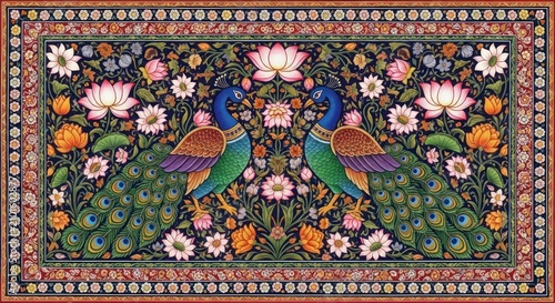 Exquisite Miniature Painting of Two Peacocks Amidst Floral Abundance.