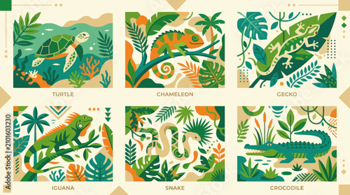Foto Colorful reptile and amphibian wildlife illustration collection.