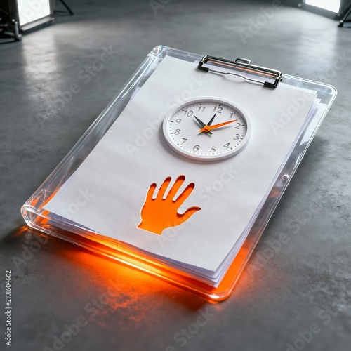 Transparent clipboard with paper showing a clock and a glowing orange hand icon, illustrating time tracking, project deadline, work attendance, or stopping time concept.