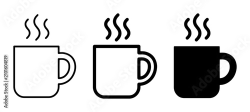 Cuadro en lienzo Hot Beverage Icons: Three Steaming Coffee Mugs, Black and White Vector Graphics