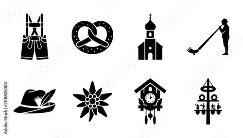 Konstfotografi Bavarian Culture Icons Set: Lederhosen, Pretzel, Church, Alphorn Player, Hat, Ed