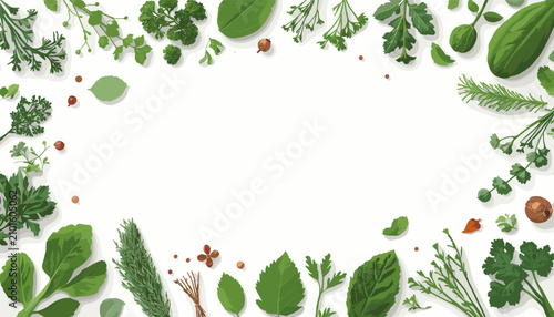 Foto Top view frame made of various fresh green herbs and spices on white background
