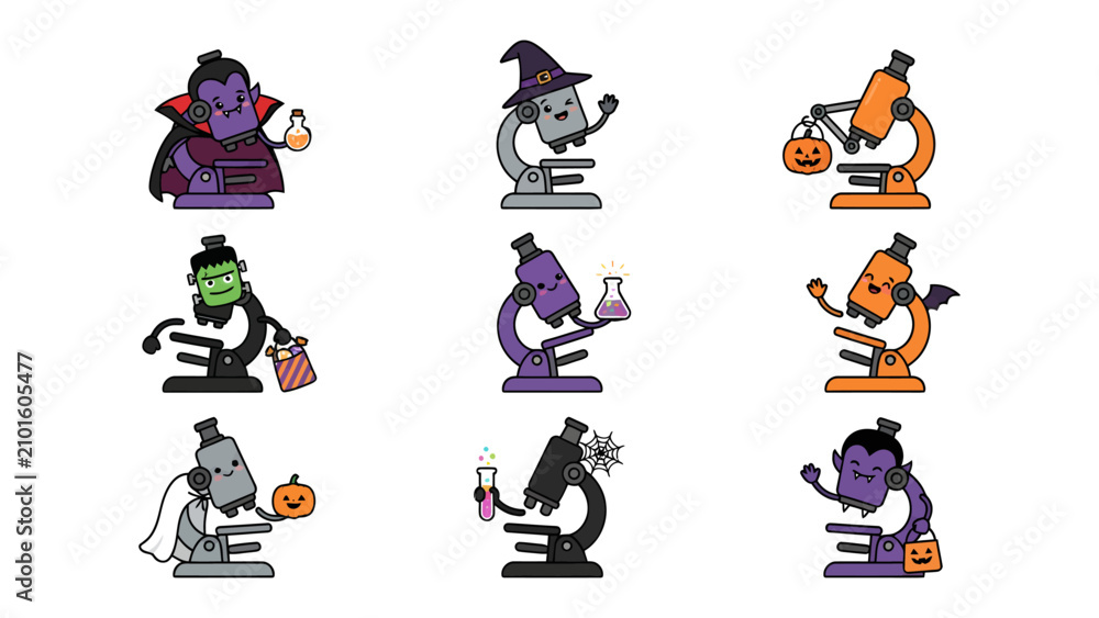Fototapeta premium Halloween Microscopes: A collection of whimsical microscopes adorned in Halloween costumes, including Dracula, Frankenstein, a witch, and a ghost, ready for a spooky scientific experiment.