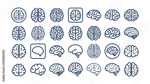 Collection of blue brain icons on white background for medical or educational use