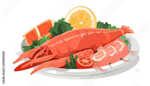 Bild auf Leinwand A fresh cooked shrimp served on a plate with lemon slices and greens