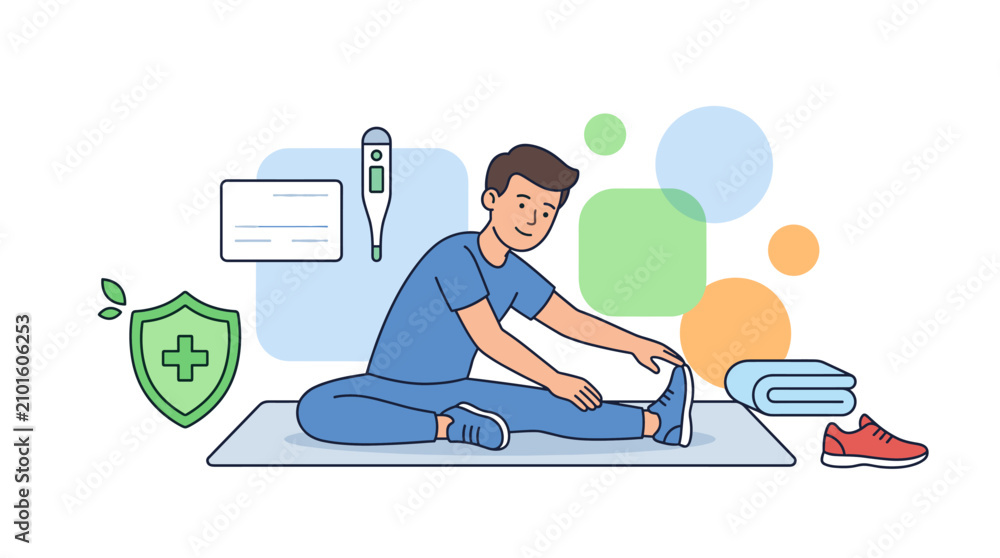 Obraz premium Man stretching on mat with health symbols flat design vector