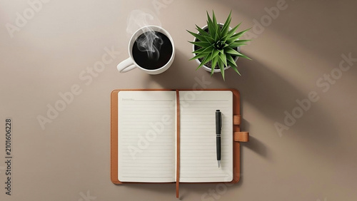 Overhead View of Coffee, Plant, and Open Notebook with Pen