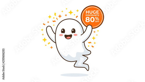 Foto Spooky Savings Alert: A cute, cartoon ghost happily announces a HUGE 80% discount, sparkling with confetti and radiating excitement