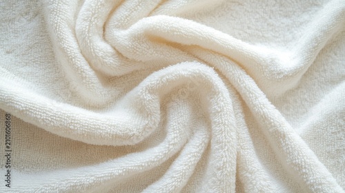 Soft, plush white terry cloth fabric swirled in elegant folds, showcasing its luxurious texture and absorbent quality. Perfect for spa, bath, or cozy home decor.