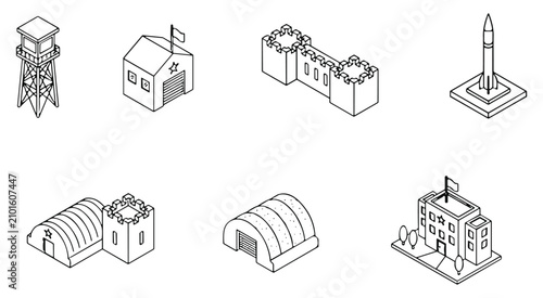 Foto Collection of isometric outline military and defense related structures and obje