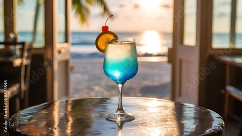 Refreshing blue cocktail with orange slice on table during golden hour sunset with ocean background
