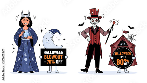 Foto Halloween Sale Extravaganza: Embrace the spooky spirit with this vibrant illustration featuring a mystical fortune teller and a charismatic ringmaster, announcing incredible Halloween discounts