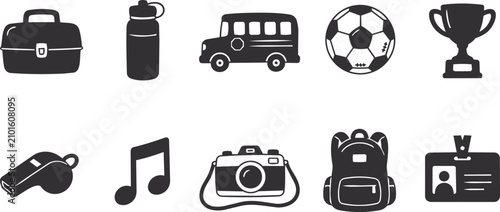 Set of black student life icons including lunch box, water bottle, school bus, sports ball, trophy, whistle, music note, camera, backpack, and student ID card for education and campus designs