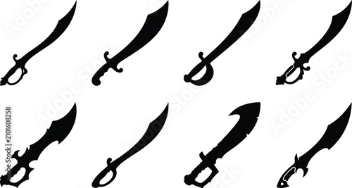 Принти на полотні Fantasy Curved Sword and Saber Silhouette Set with Medieval Blade Vector Icons