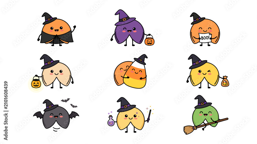 Obraz premium Happy Halloween Fortune Cookie Characters Collection: A delightful set of nine kawaii-style fortune cookie characters adorned with witch hats and various Halloween accessories.