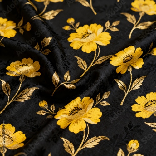 Close-Up of Draped Black Velvet Fabric with Elegant Gold Floral Embroidery