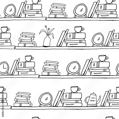 Seamless bookshelf pattern with books, coffee cups and decorative objects in minimalist hand drawn vector style.