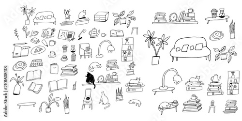 Large collection of hand drawn bookshelf, books, furniture, plants and cozy home illustrations. Minimalist vector set for reading and home decor themes.