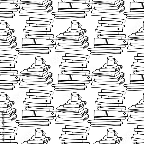 Seamless pattern with stacked books and coffee cups in hand drawn minimalist sketch style. Black and white vector background.