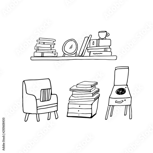 Cozy reading corner with armchair, bookshelves, stacked books and vintage record player. Hand drawn minimalist vector illustration.