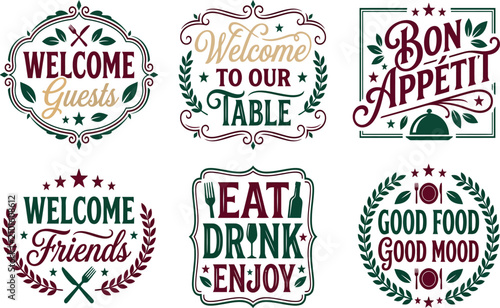 Foto Vintage restaurant signs collection welcome bon appetit and dining phrases with