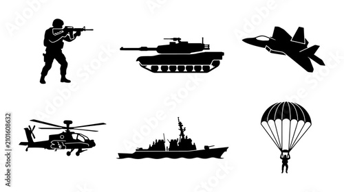 Obraz na płótnie Military Icons Set: Soldier, Tank, Jet, Helicopter, Warship, Paratrooper, Vector