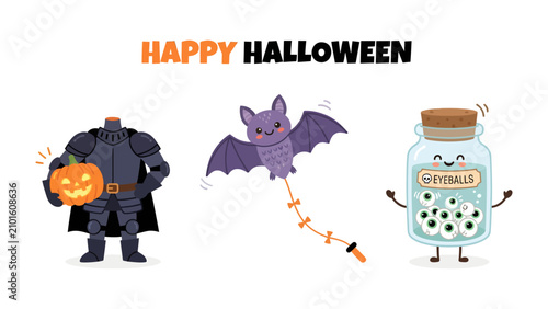 Canvas Print Happy Halloween Characters: A spooky but cute collection of Halloween characters including a headless horseman holding a jack-o'-lantern, a playful bat kite, and a jar of eyeballs