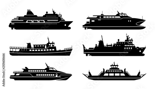 Cuadro en lienzo Diverse Ferry Boat Silhouettes, Passenger Ship Icons, Maritime Transport Collect