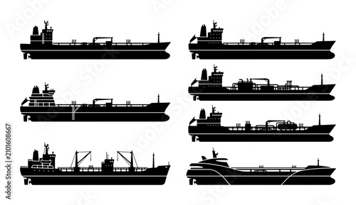 Bild auf Leinwand Set of 7 Black Silhouette Tanker Ships, Cargo Vessels, Maritime Transport Icons