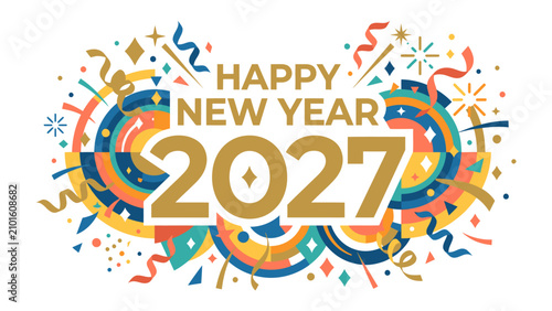 Foto Happy New Year 2027 Celebration: A vibrant and festive graphic design announces Happy New Year 2027 with colorful confetti, streamers, and sparkling fireworks