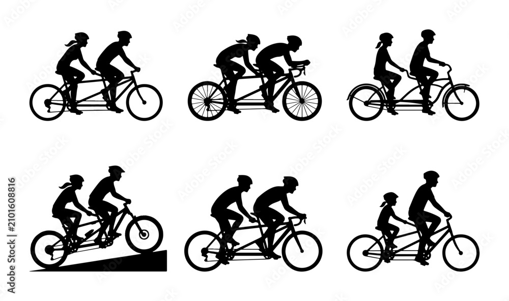 Obraz premium Tandem Bicycle Silhouettes, Couples Cycling Together, Vector Icons for Sport and Lifestyle