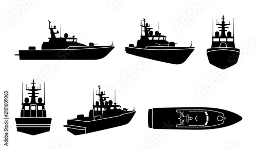 Valokuva Naval Patrol Boat Vector Silhouettes, Military Ship Set, Maritime Vessel Icons