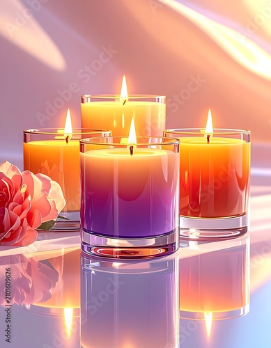 A serene arrangement of lit candles with a flower