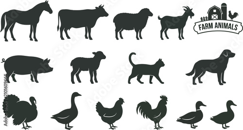 Foto Farm and Wild Animals Silhouette Vector Collection with Dog Horse Cat Cow Sheep