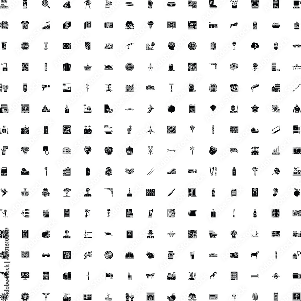 Obraz premium Big collection of simple glyph icons in black color, illustrating a wide variety of common objects, concepts, and activities for designing elements, user interfaces, and web applications