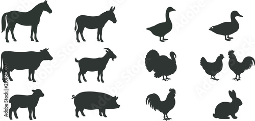 Konstfotografi Farm Animals Collection Vector Set with Black Silhouette Icons of Cow Horse Shee