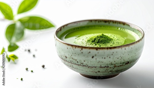 Ceremonial Matcha: A vibrant bowl of traditional Japanese matcha tea, with its characteristic froth and dusting of fine green powder, sits beside fresh green tea leaves.