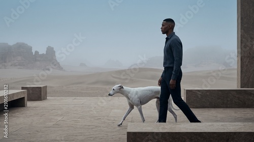 Man Walking Whippet Dog in Surreal Desert Landscape
