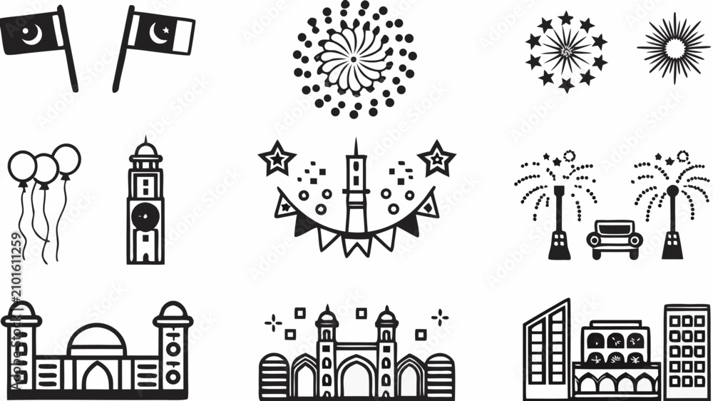Obraz premium Holiday celebration icons featuring fireworks national flags and city, fireworks