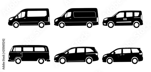 Foto Black silhouette van and minivan icons, diverse vehicle collection for transport